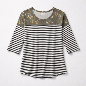 Maurices L Large Floral and Striped 3/4 Sleeve Top - Black, White, Green